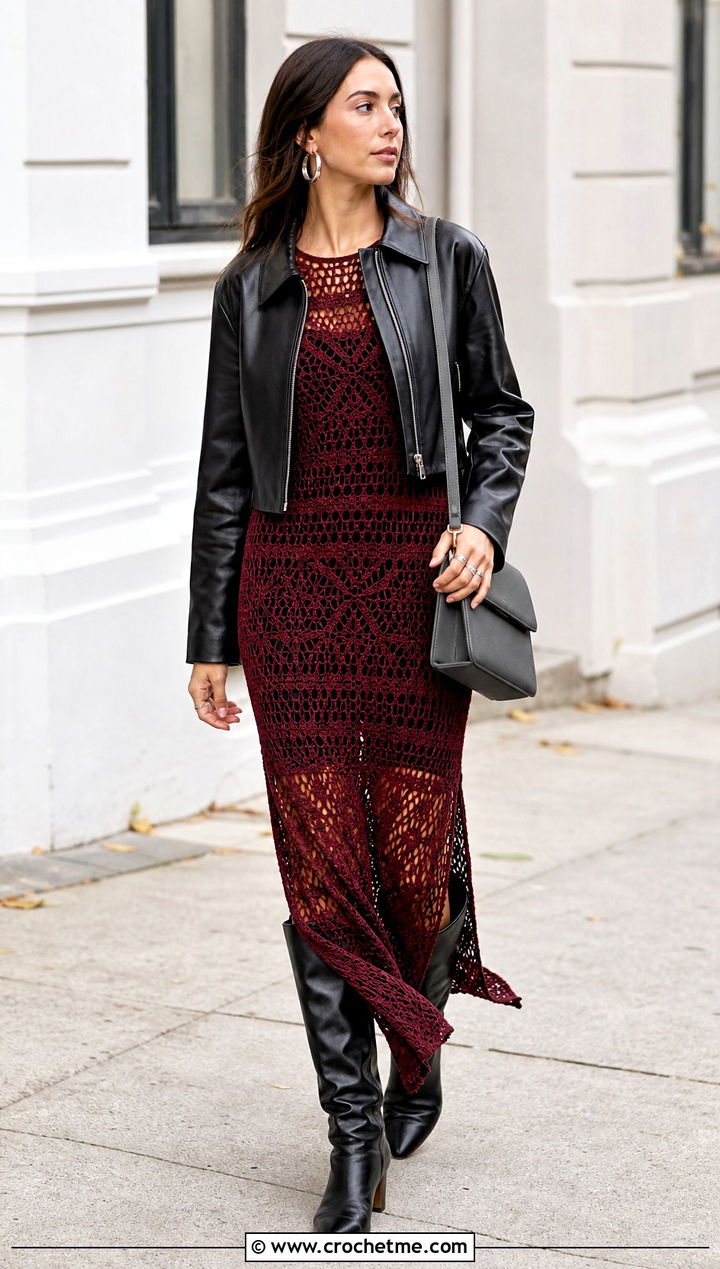 Red Long Sleeve Crochet Dress With Leather Jacket - 15 Crochet Red Dress outfit ideas