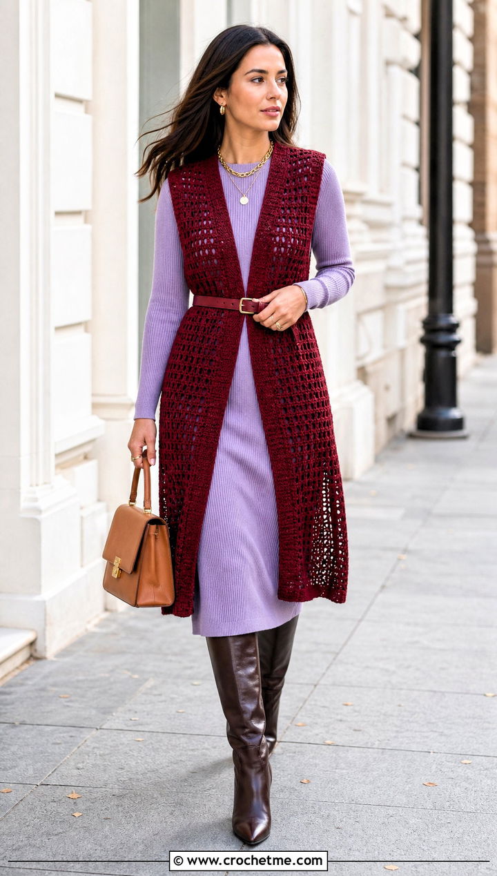 Red Longline Crochet Sweater Vest With Knit Dress - 15 red crocheted sweater vest outfit ideas