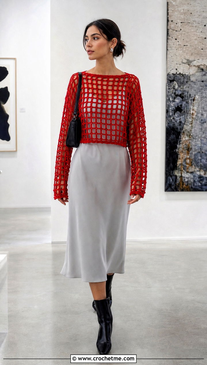 Red Mesh Crochet Crop Top With Slip Dress - 25 Red Crochet Crop Top outfit ideas
