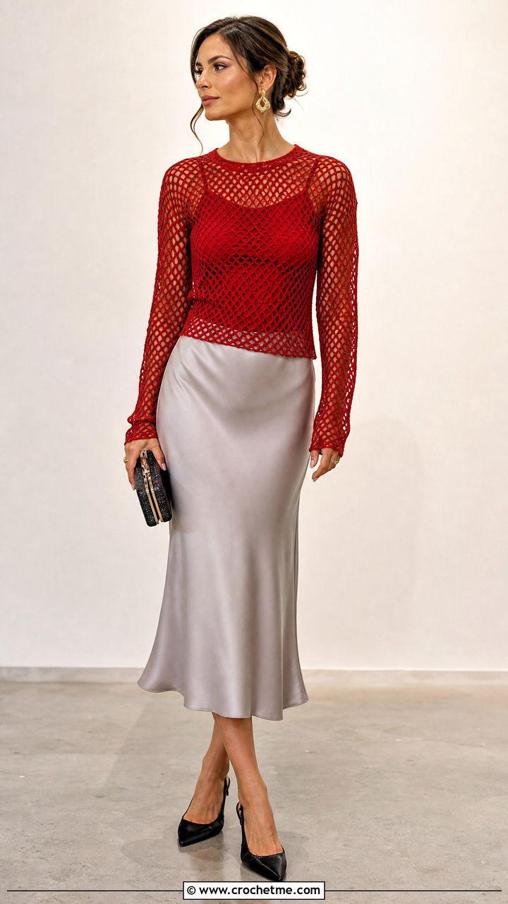 Red Mesh Crochet Sweater With Satin Midi Skirt - 35 red crochet sweater outfit ideas