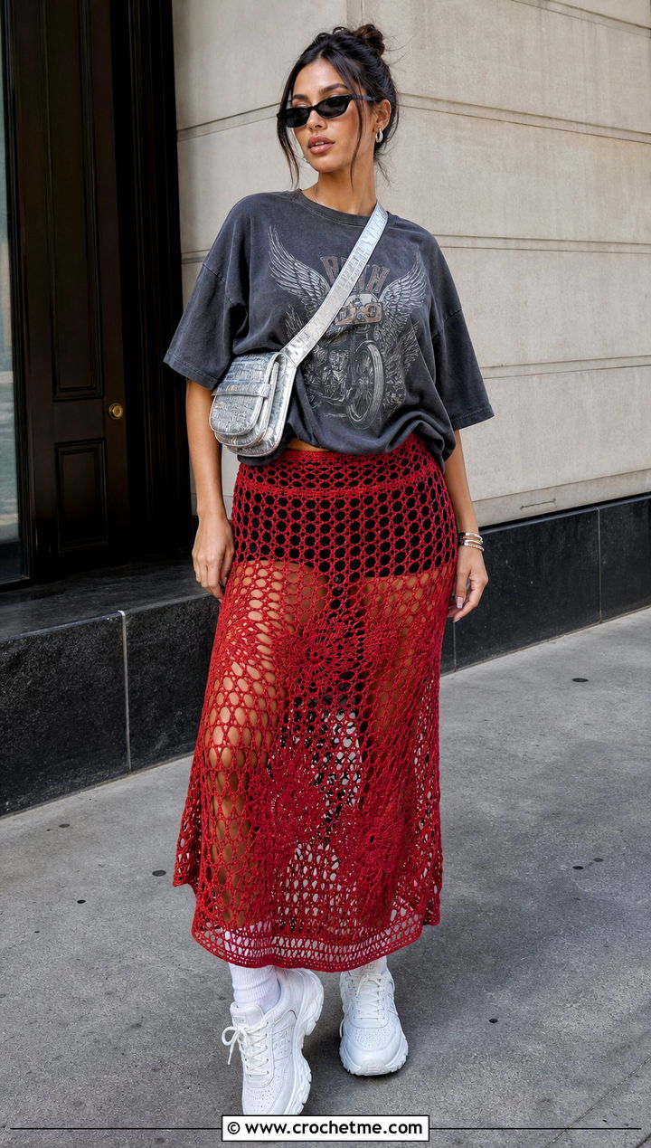 Red Mesh Maxi Crochet Skirt With Graphic T Shirt - 15 red crochet skirt outfit ideas