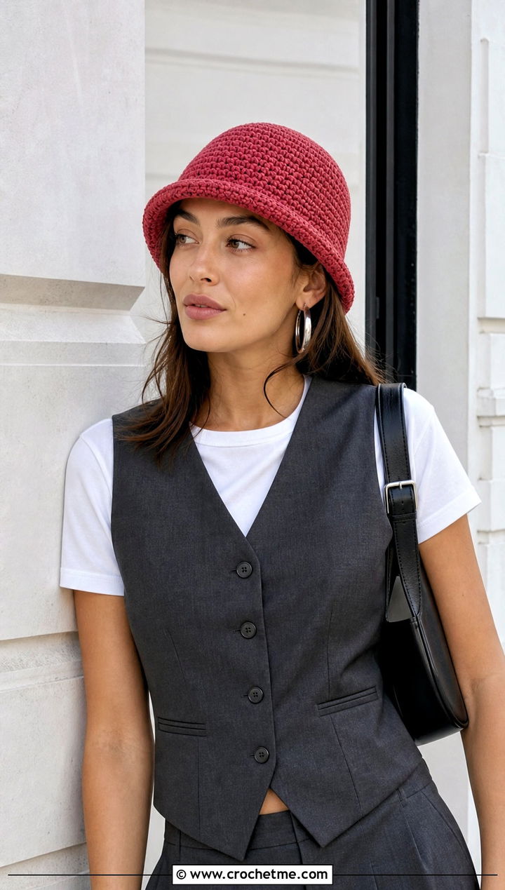 Red Mini Brim Crochet Bucket Hat With Waistcoat And Bermuda Shorts - 30 red crochet bucket hat outfit ideas