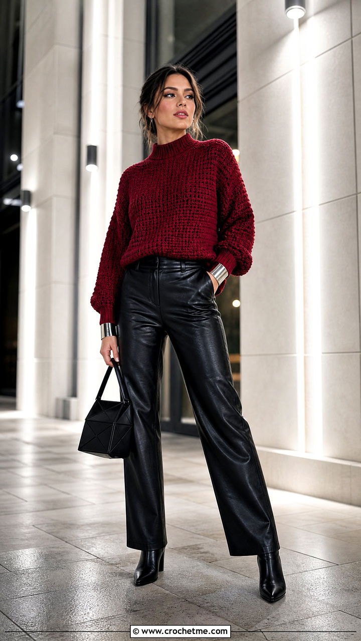 Red Mock Neck Crochet Sweater With Black Leather Pants - 35 red crochet sweater outfit ideas