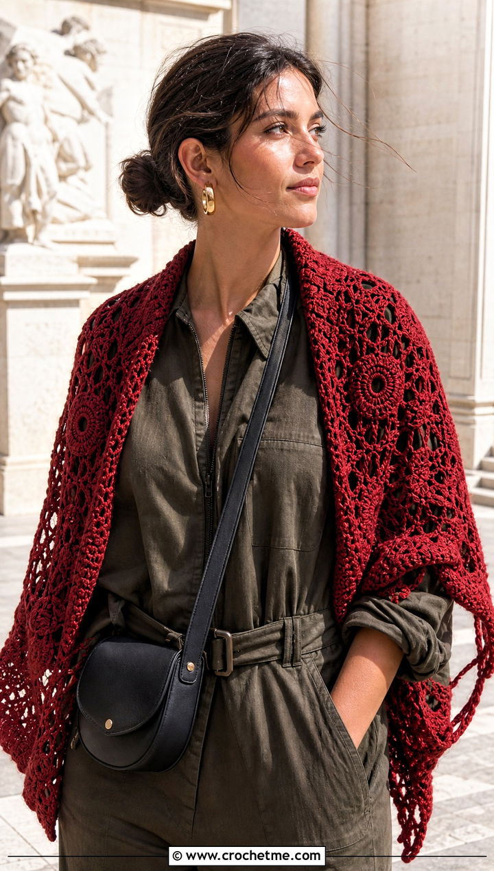 Red Motif Crochet Shawl With A Utility Jumpsuit - 15 red crochet shawl outfit ideas