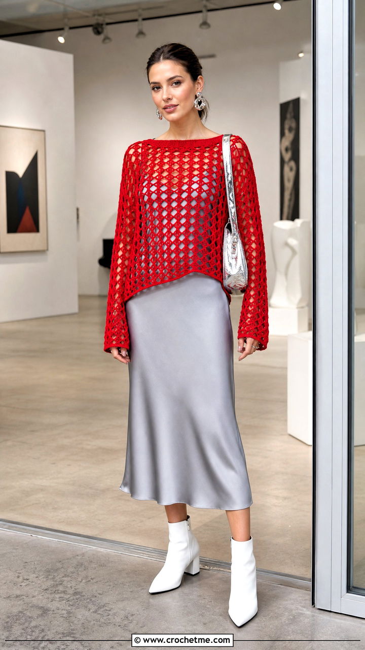 Red Open Stitch Crochet Sweater Top Over Slip Dress - 35 Red Crochet Top outfit ideas