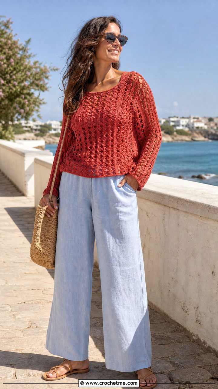 Red Open Stitch Crochet Sweater With Linen Pants - 35 red crochet sweater outfit ideas