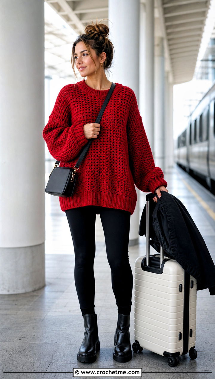 Red Oversized Crochet Sweater With Black Leggings - 15 Red Crochet Sweater On Hanger outfit ideas