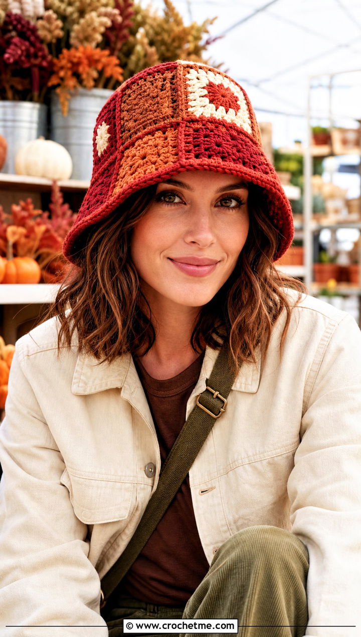 Red Patchwork Crochet Bucket Hat With Chore Jacket And Corduroy Pants - 30 red crochet bucket hat outfit ideas