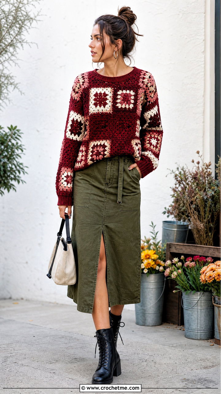Red Patchwork Crochet Sweater With Utility Skirt - 35 red crochet sweater outfit ideas