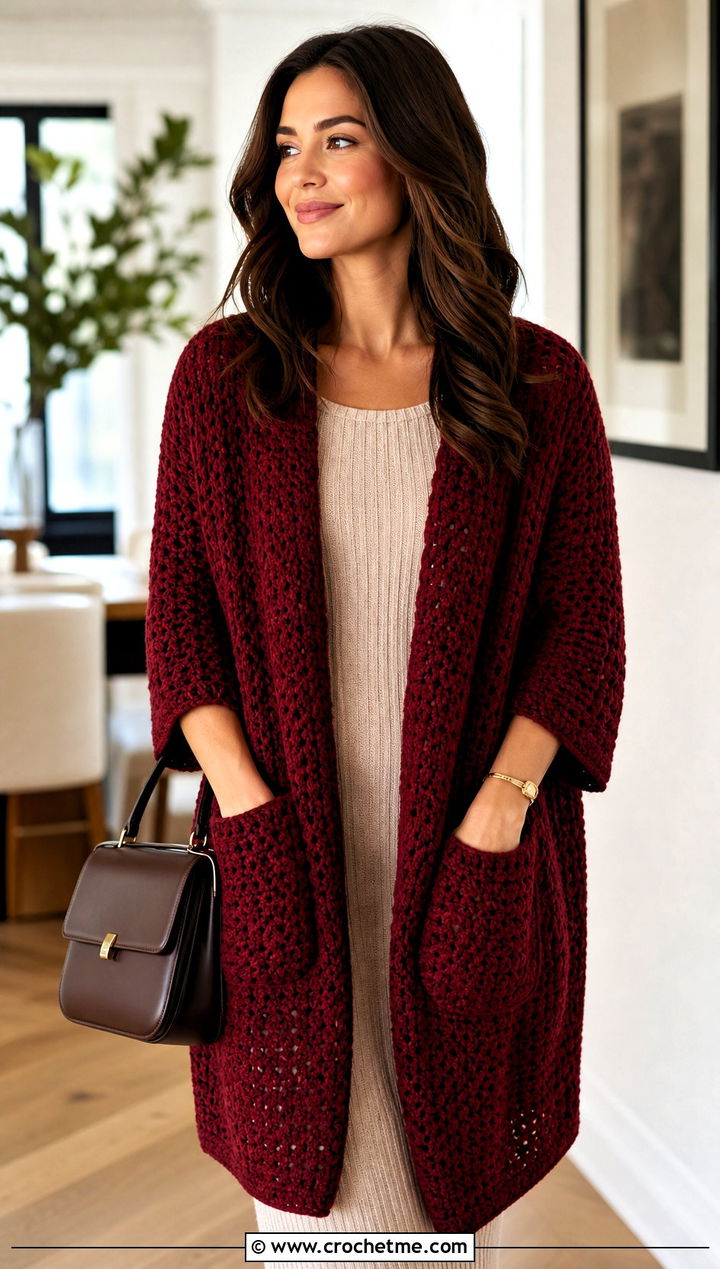 Red Pocket Crochet Shawl With A Ribbed Knit Dress - 15 red crochet shawl outfit ideas