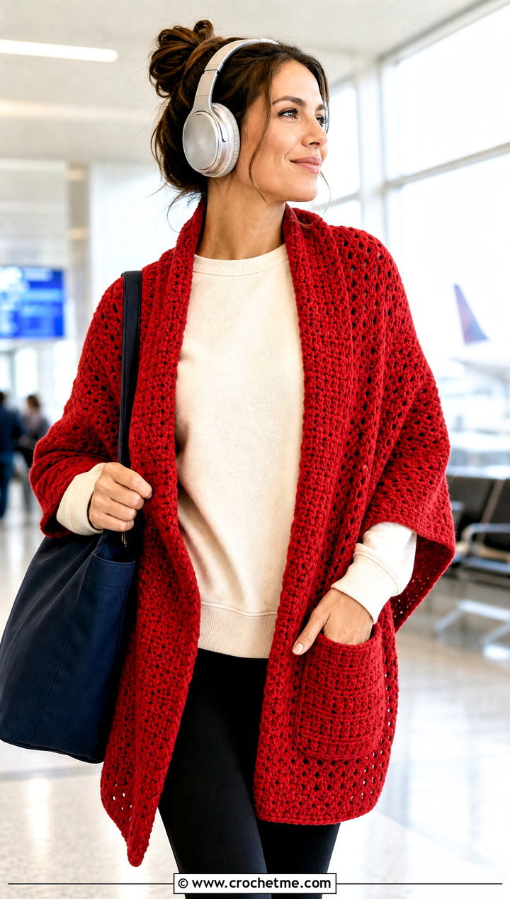 Red Pocket Crochet Shawl With Travel Basics - 15 Red Crocheted Shawl On Hanger outfit ideas