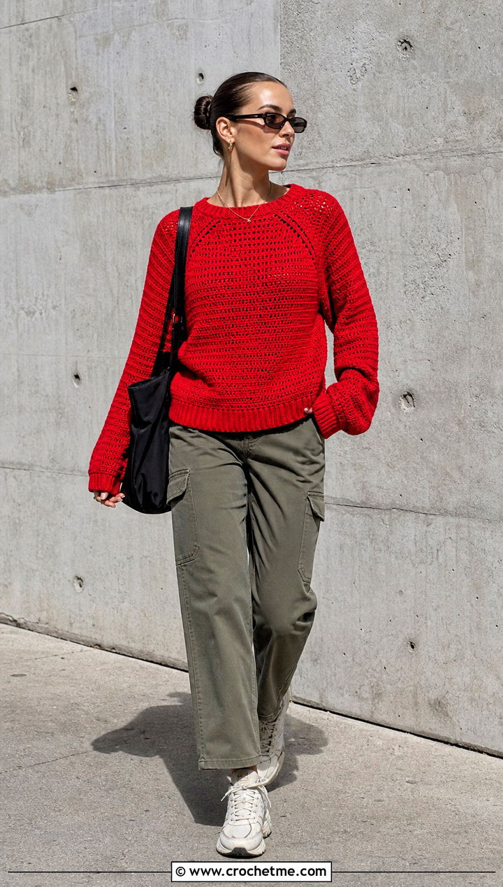 Red Raglan Crochet Sweater With Cargo Pants - 15 Red Crochet Sweater On Hanger outfit ideas