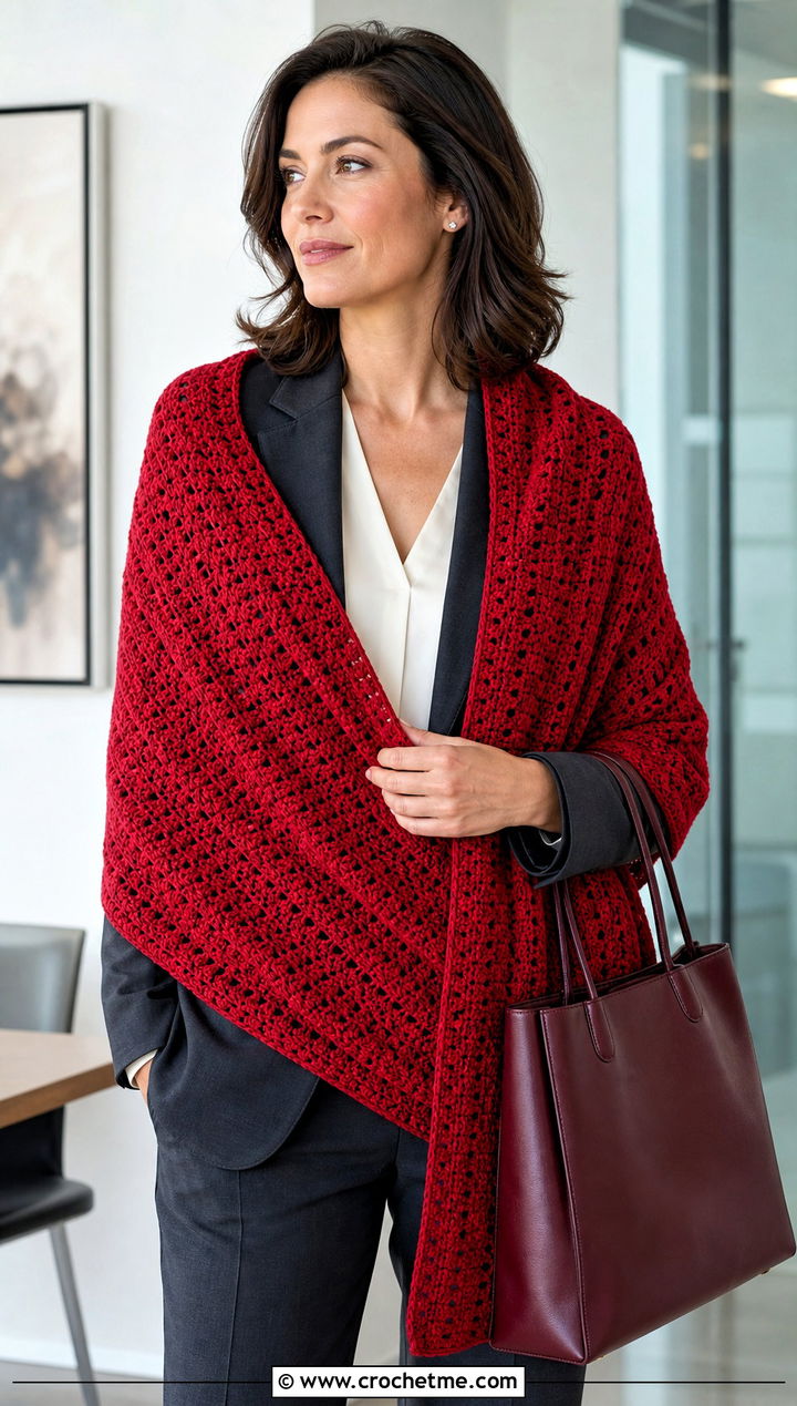 Red Rectangular Crochet Wrap With A Charcoal Pantsuit - 15 red crochet shawl outfit ideas
