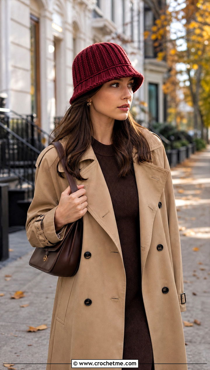Red Ribbed Crochet Bucket Hat With Trench Coat And Knit Dress - 30 red crochet bucket hat outfit ideas