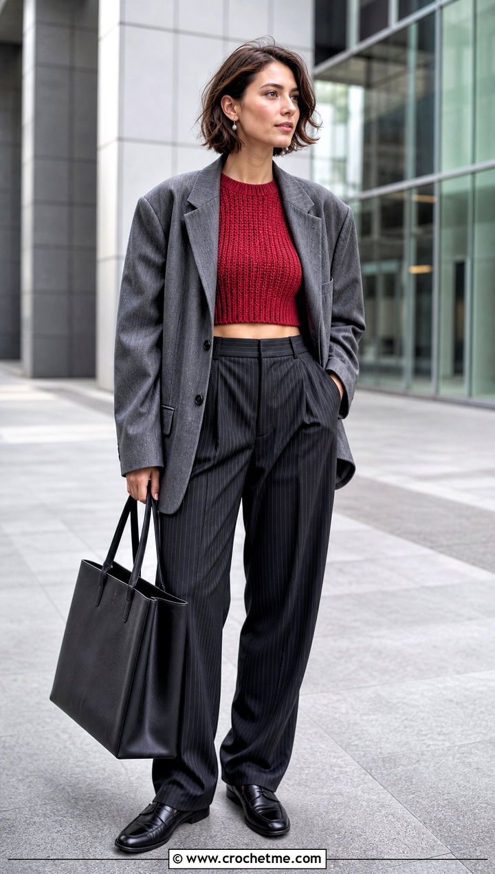 Red Ribbed Crochet Crop Top With Pinstripe Trousers - 25 Red Crochet Crop Top outfit ideas