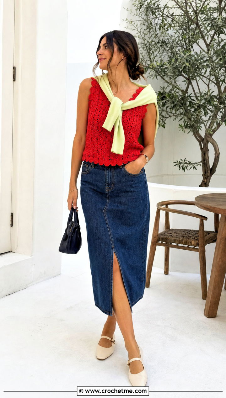 Red Scallop Edge Crochet Sweater Vest With Denim Midi Skirt - 15 red crocheted sweater vest outfit ideas