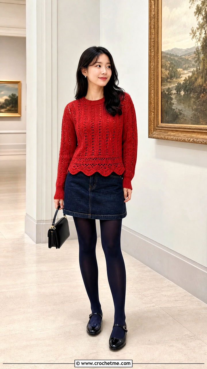 Red Scallop Hem Crochet Sweater With A Line Mini Skirt - 35 red crochet sweater outfit ideas
