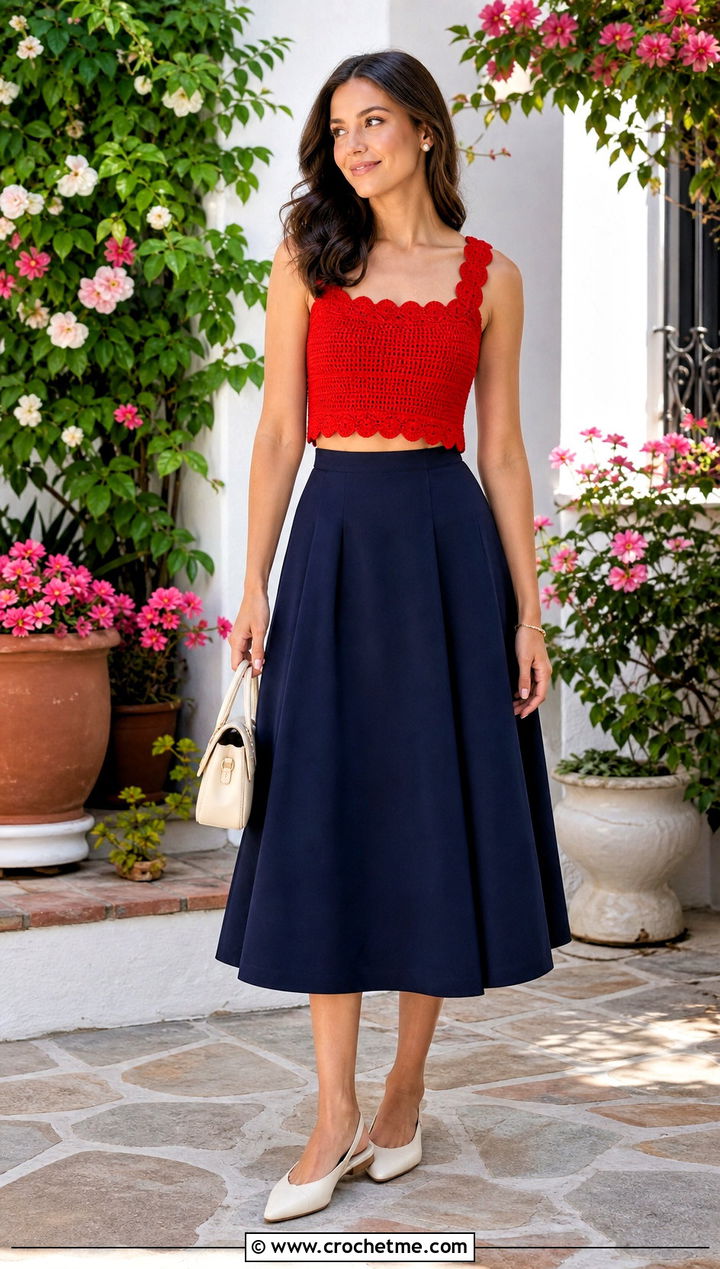 Red Scalloped Crochet Crop Top With A Line Skirt - 25 Red Crochet Crop Top outfit ideas