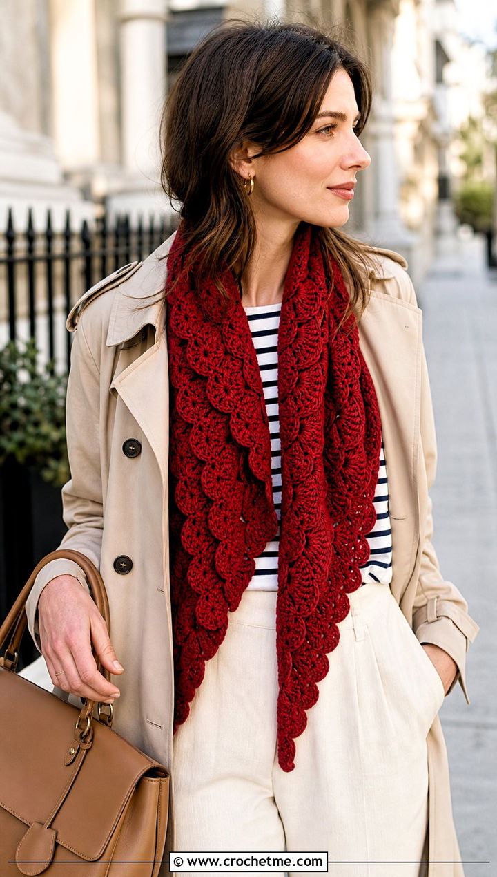 Red Shell Stitch Crochet Shawl With A Trench Coat - 15 red crochet shawl outfit ideas