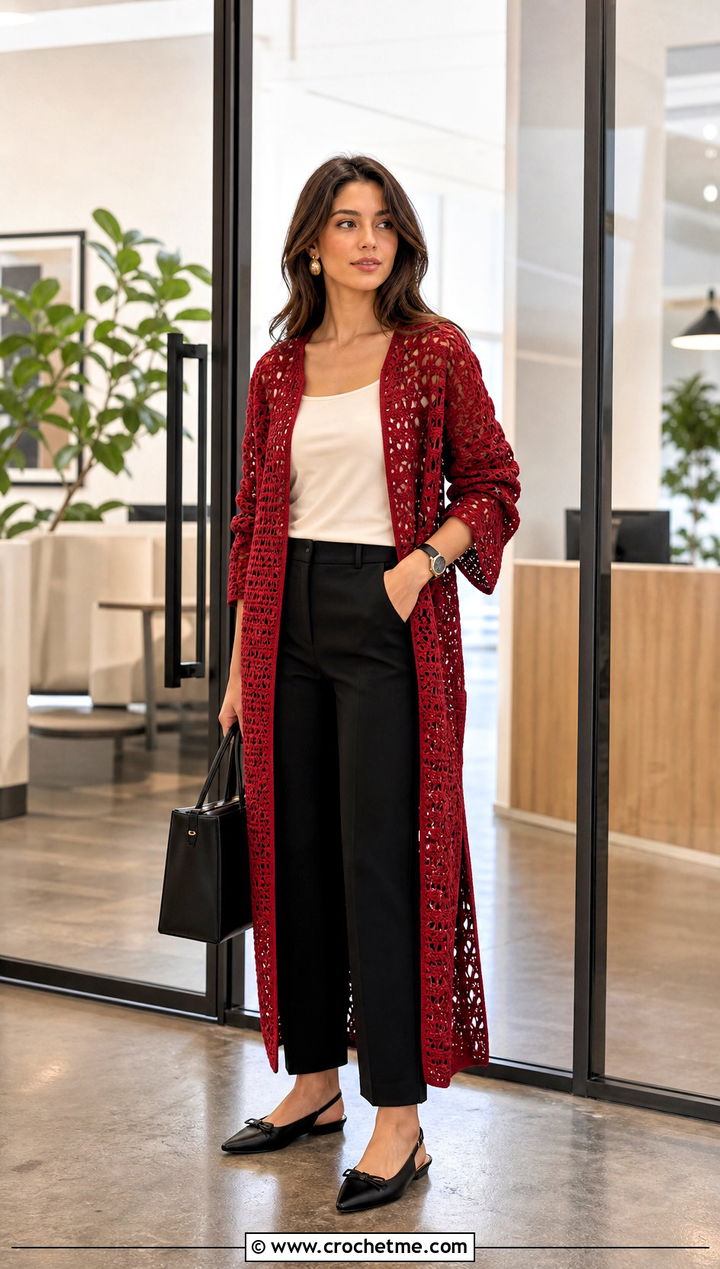 Red Side Slit Cover Up With Tailored Trousers - 25 red crochet cover up outfit ideas