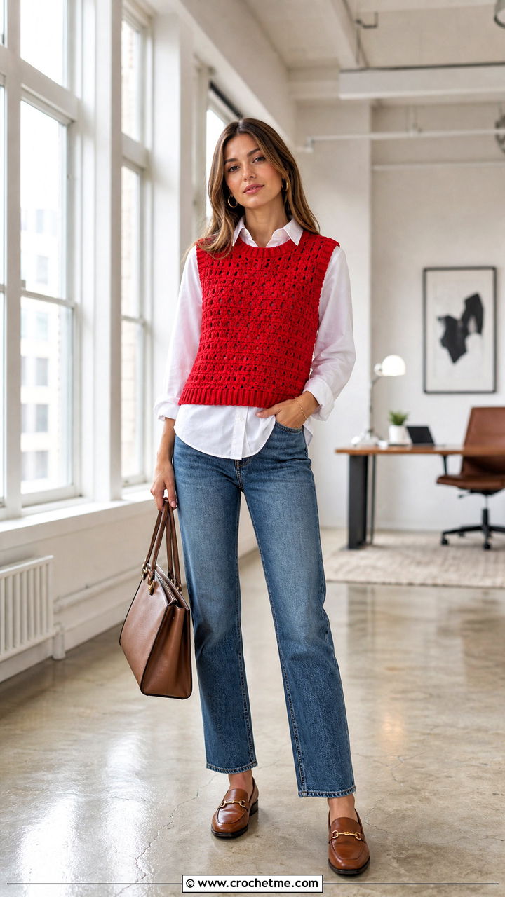 Red Sleeveless Crochet Sweater Vest With Shirt And Jeans - 35 red crochet sweater outfit ideas