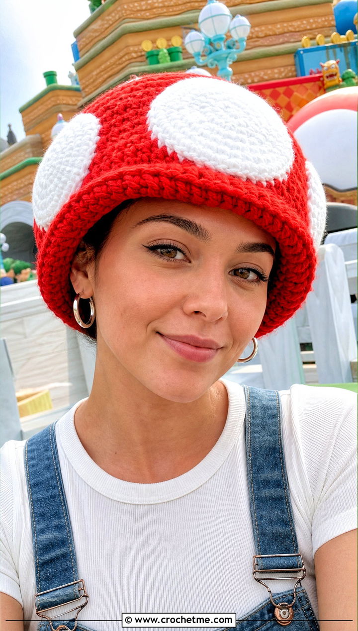 Red Spotted Mario Toad Mushroom Cap With Denim Overalls - 15 Mario Toad Crochet Hat outfit ideas