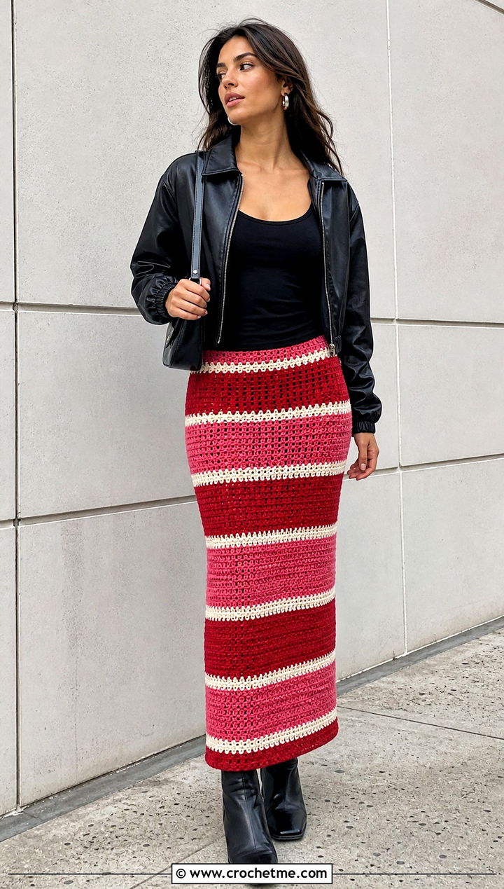 Red Striped Crochet Skirt With Leather Jacket - 15 red crochet skirt outfit ideas