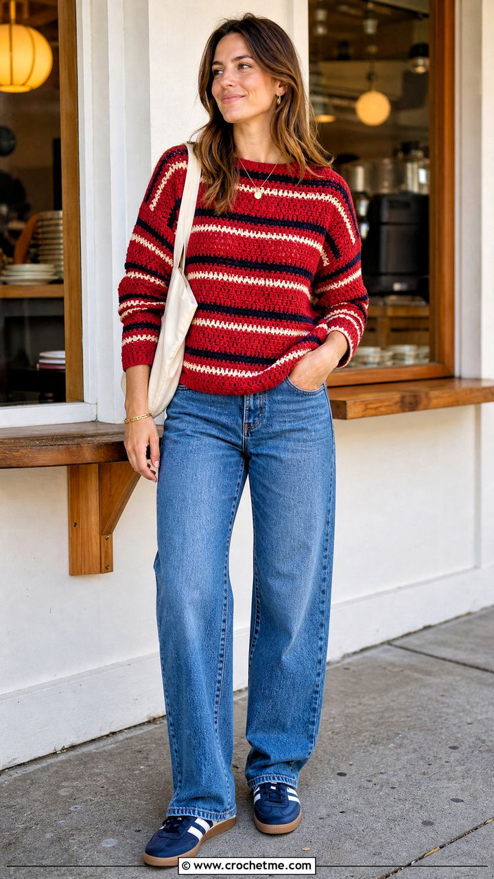 Red Striped Crochet Sweater With Relaxed Blue Jeans - 35 red crochet sweater outfit ideas