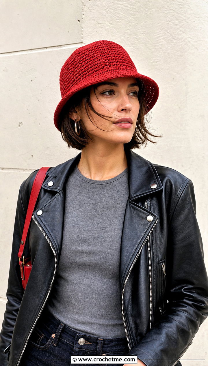 Red Structured Single Crochet Bucket Hat With Leather Jacket - 30 red crochet bucket hat outfit ideas