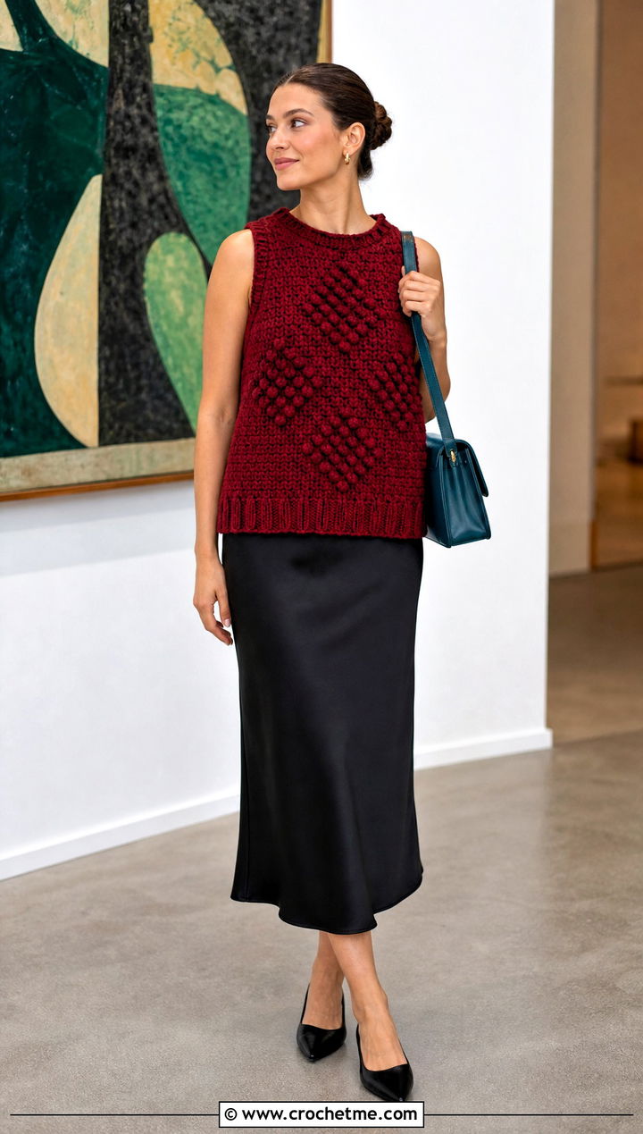 Red Textured Stitch Crochet Sweater Vest With Slip Dress - 15 red crocheted sweater vest outfit ideas