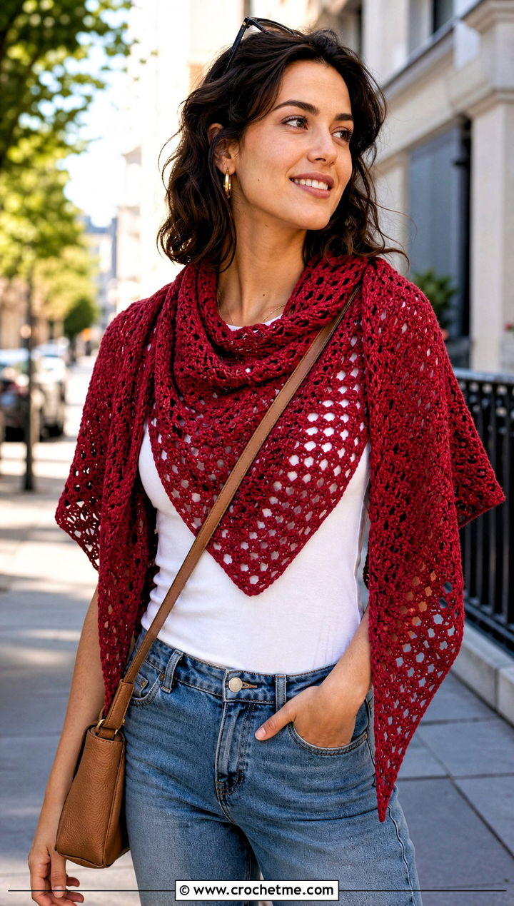 Red Triangle Crochet Shawl With Jeans - 15 Red Crocheted Shawl On Hanger outfit ideas