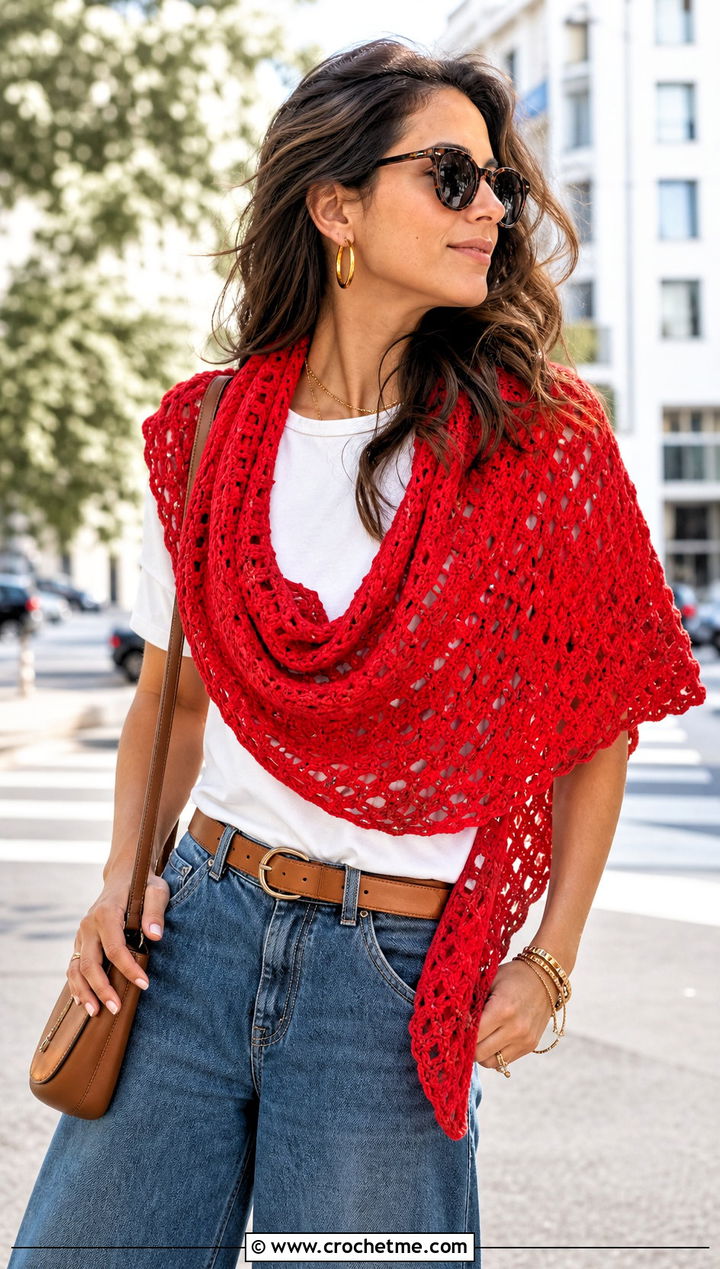 Red Triangle Crochet Shawl With Wide Leg Jeans - 15 red crochet shawl outfit ideas