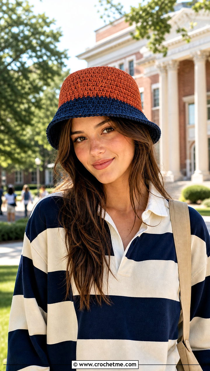 Red Two Tone Crochet Bucket Hat With Rugby Shirt And Shorts - 30 red crochet bucket hat outfit ideas