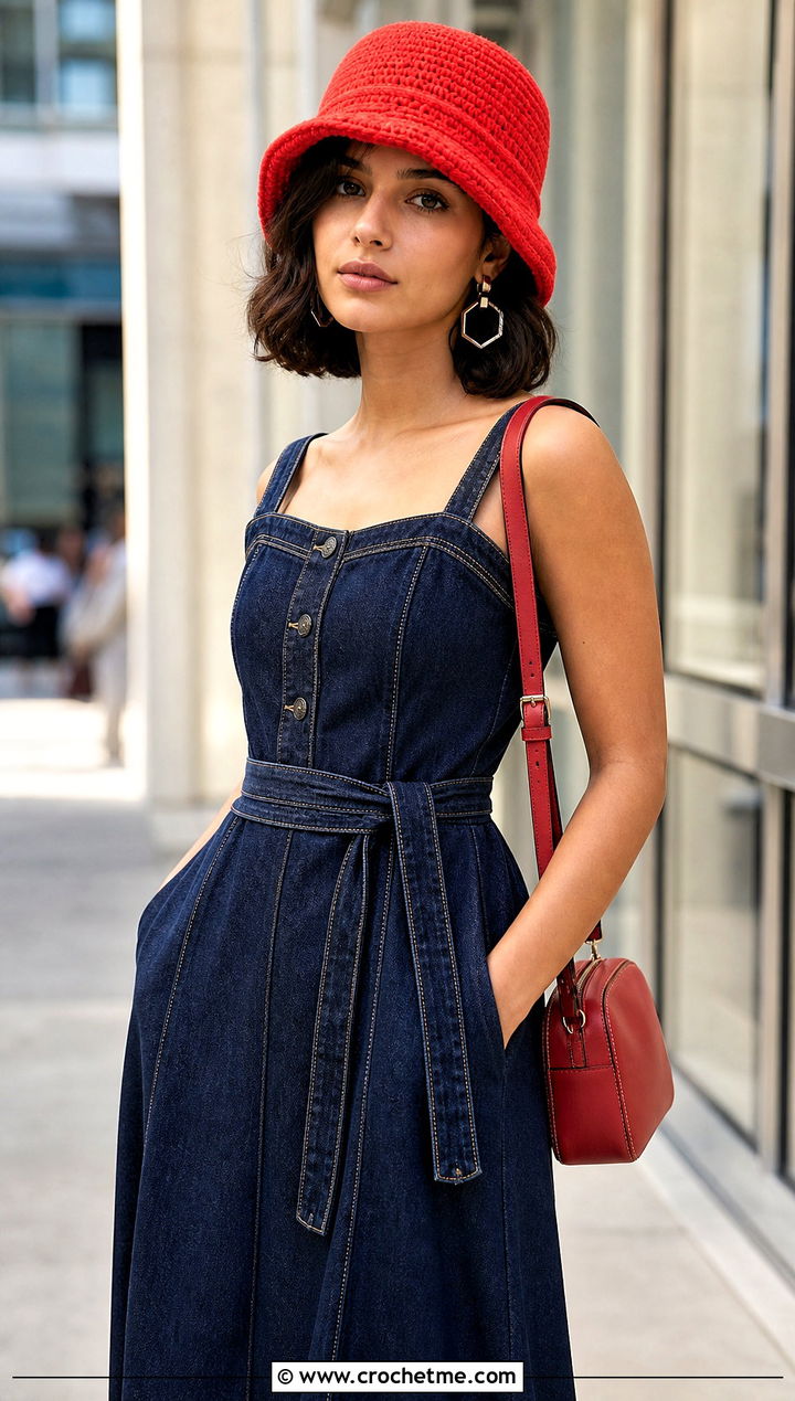 Red Upturned Brim Crochet Bucket Hat With Denim Dress And Boots - 30 red crochet bucket hat outfit ideas