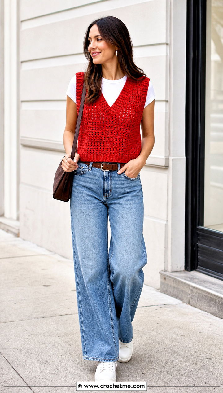 Red V Neck Crochet Sweater Vest With Wide Leg Jeans - 15 red crocheted sweater vest outfit ideas