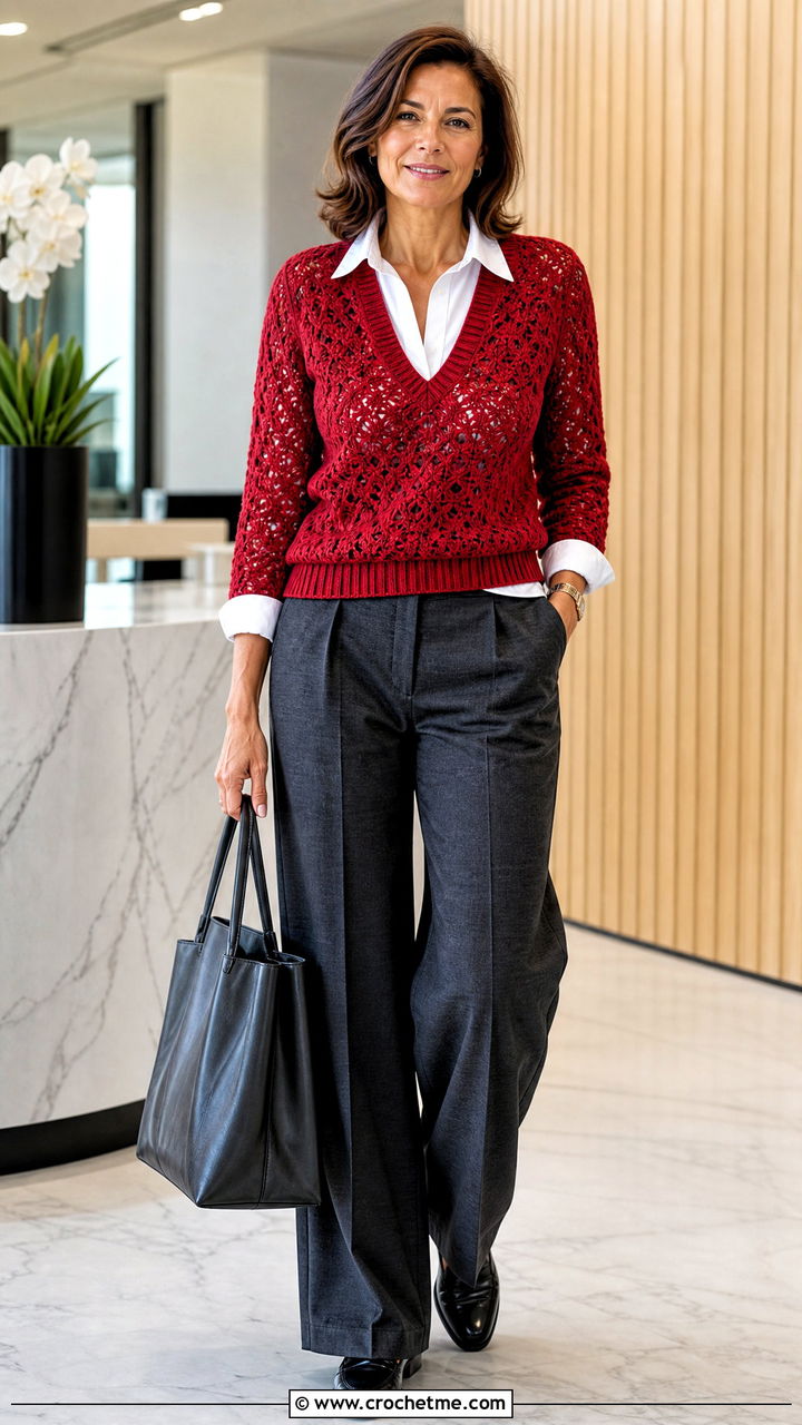 Red V Neck Crochet Sweater With Button Down Shirt And Trousers - 35 red crochet sweater outfit ideas