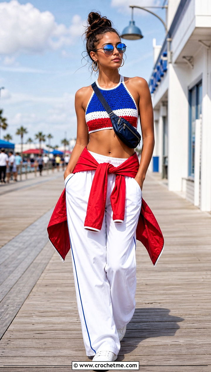 Red White Blue Crochet Sport Bikini With Track Pants - 15 red white blue crochet swimwear outfit ideas
