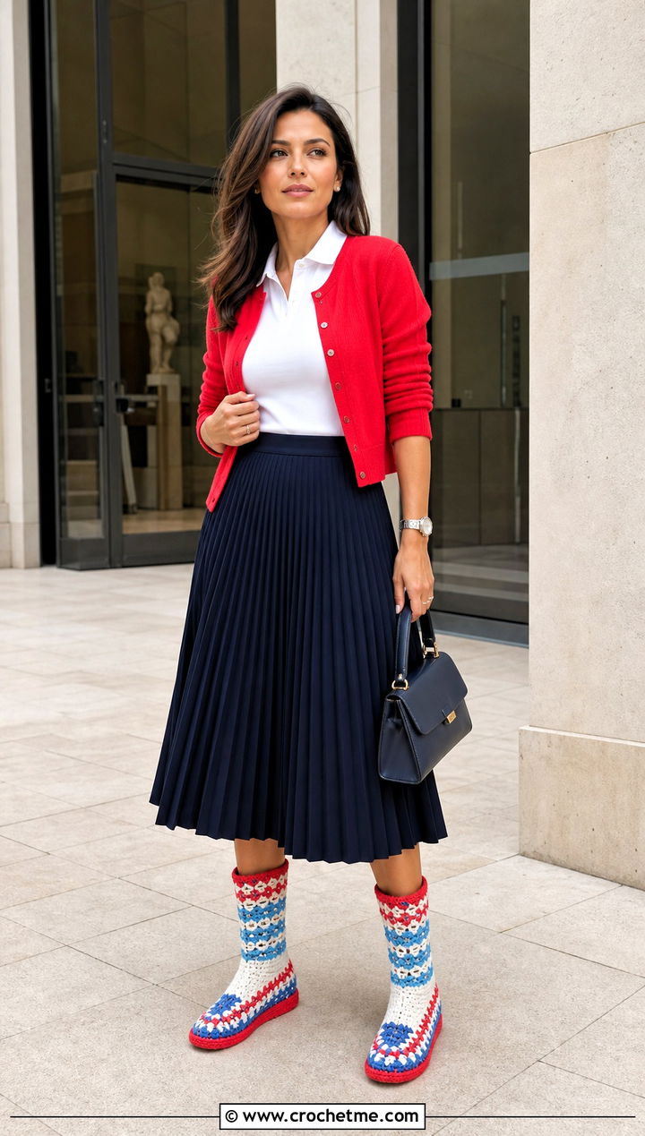 Red White Blue Mid Calf Crochet Boots With A Pleated Skirt - 15 Red White Blue Crochet Boots outfit ideas