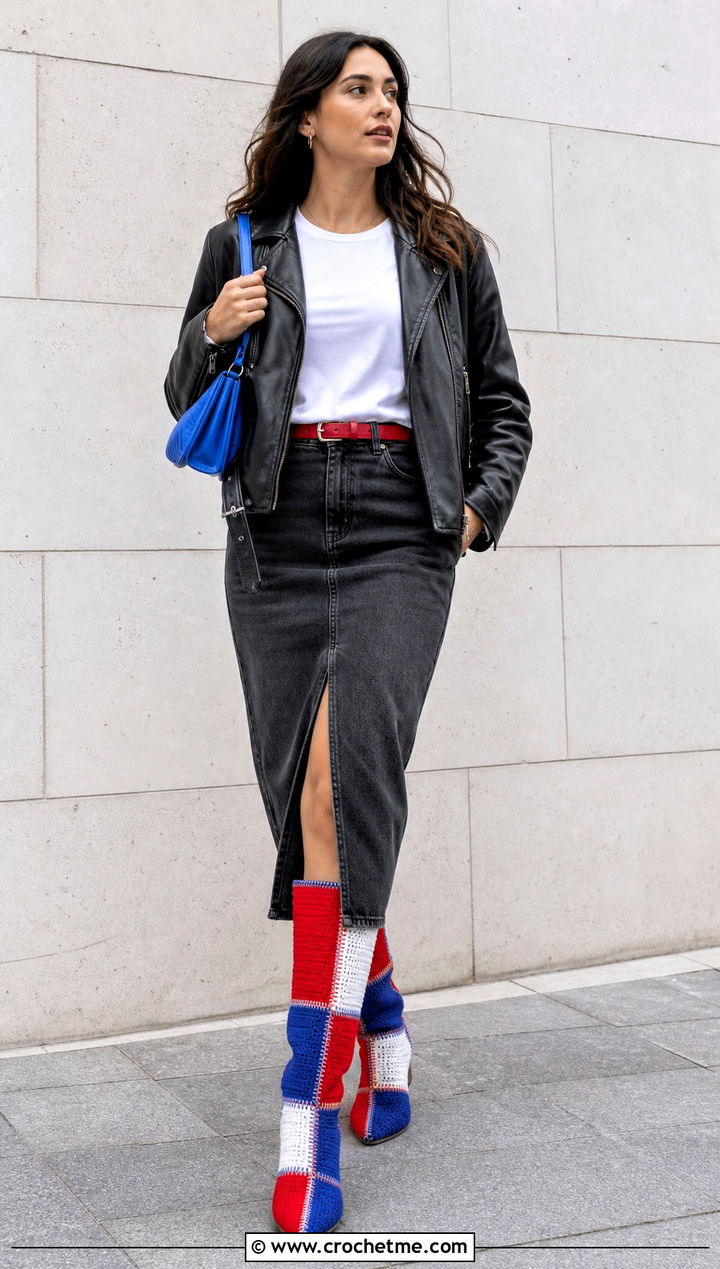 Red White Blue Patchwork Crochet Boots With A Leather Jacket - 15 Red White Blue Crochet Boots outfit ideas
