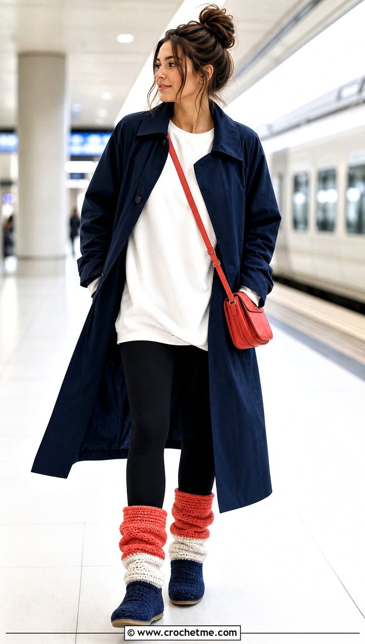 Red White Blue Slouchy Crochet Boots With Leggings And A Trench Coat - 15 Red White Blue Crochet Boots outfit ideas