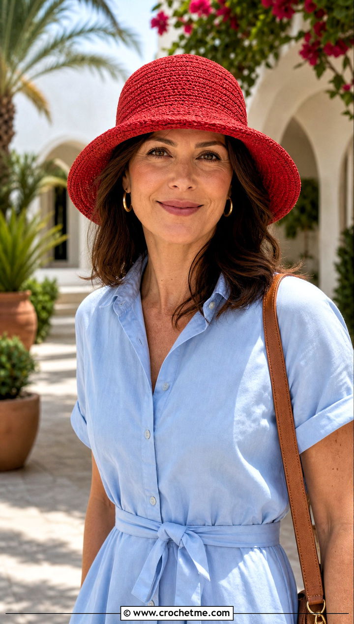 Red Wide Brim Crochet Bucket Hat With Belted Shirt Dress - 30 red crochet bucket hat outfit ideas