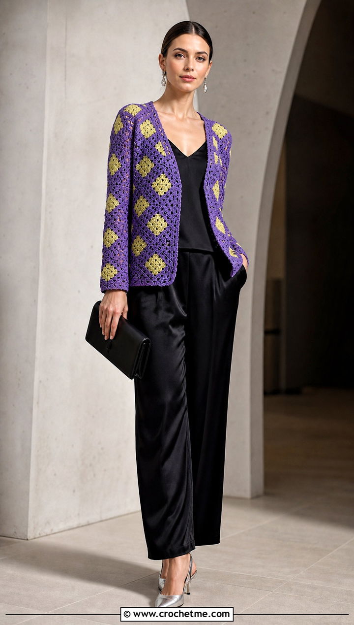 Refined Howl Crochet Cardigan With Satin Trousers And Heels - 25 Howl Crochet Cardigan outfit ideas