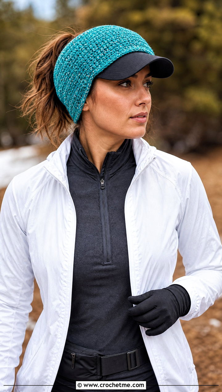 Reflective Yarn Baseball Cap Ear Warmer With Running Jacket - 20 crochet baseball cap ear warmer outfit ideas