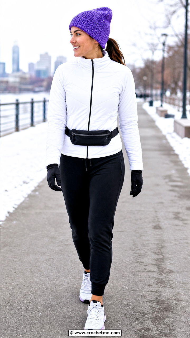 Reflective Yarn Crochet Beanie With Running Jacket And Joggers - 35 crochet winter hat outfit ideas