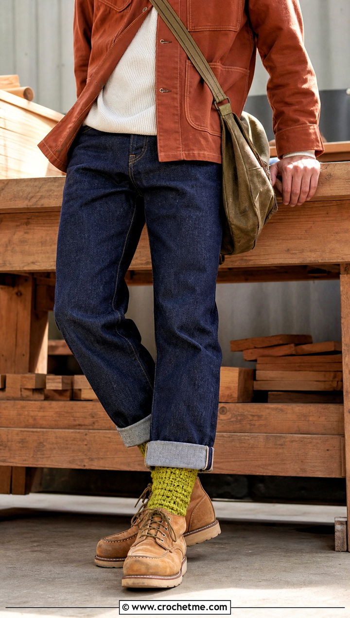 Reinforced Heel Wool Crochet Socks With Work Boots - 20 Wool Crochet Sock outfit ideas