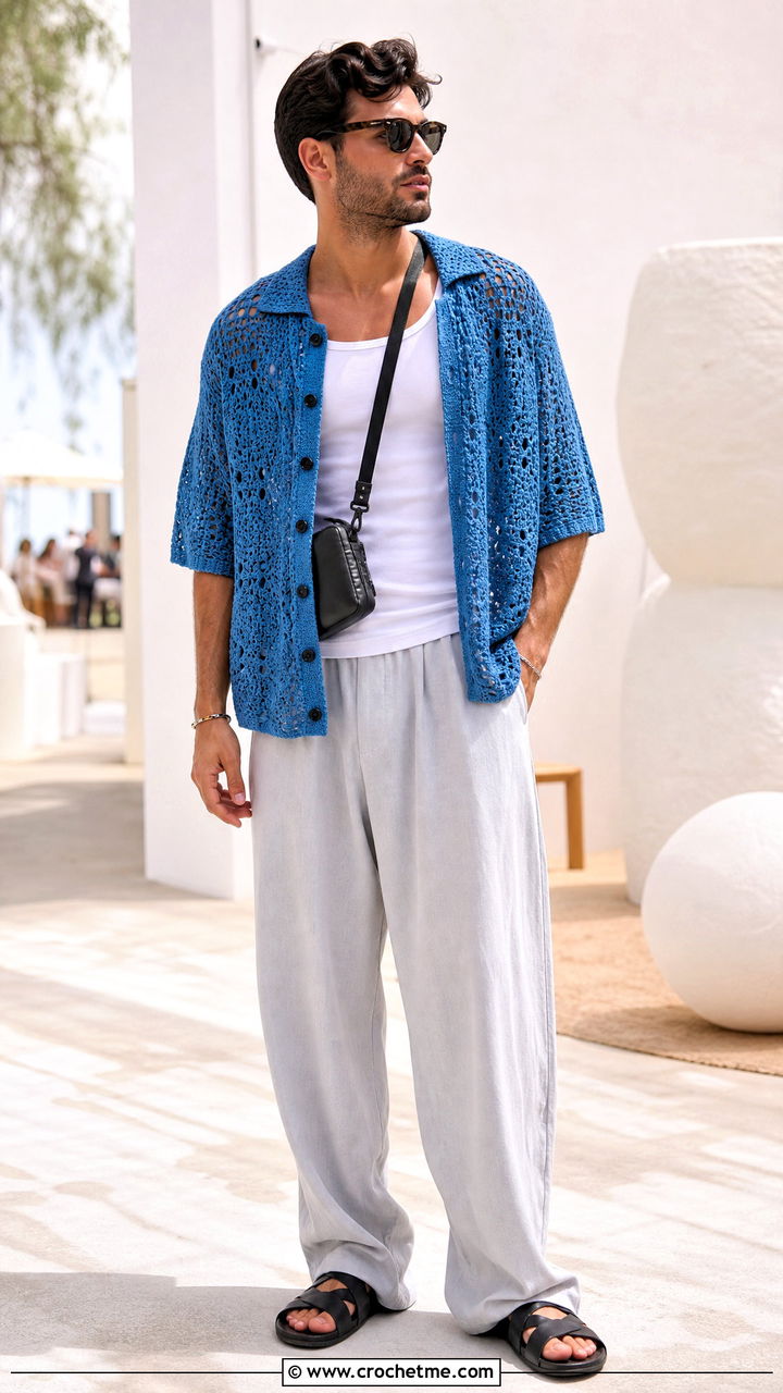 Relaxagon Crochet Shirt With Wide Leg Pants - 35 crochet mens shirt outfit ideas