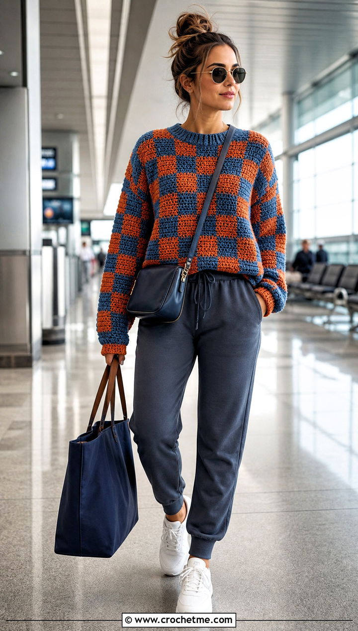 Relaxed Checkered Sweater With Joggers - 30 crochet checkered sweater outfit ideas