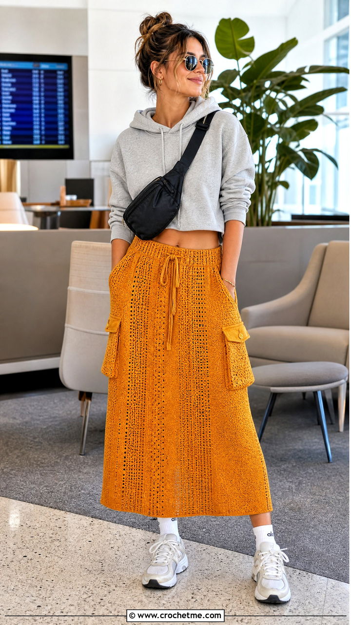 Relaxed Crochet Cargo Skirt With Hoodie - 35 crochet cargo skirt outfit ideas