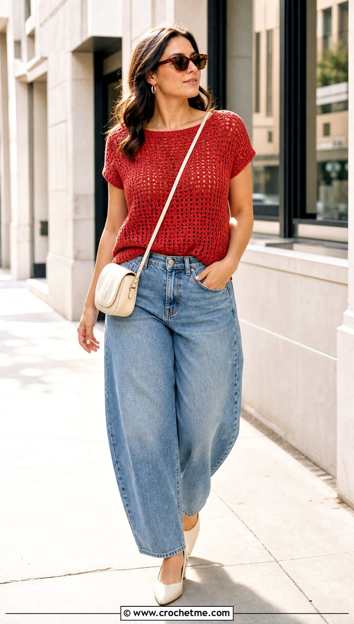 Relaxed Crochet Cleo Top With Barrel Jeans - 30 crochet cleo top outfit ideas