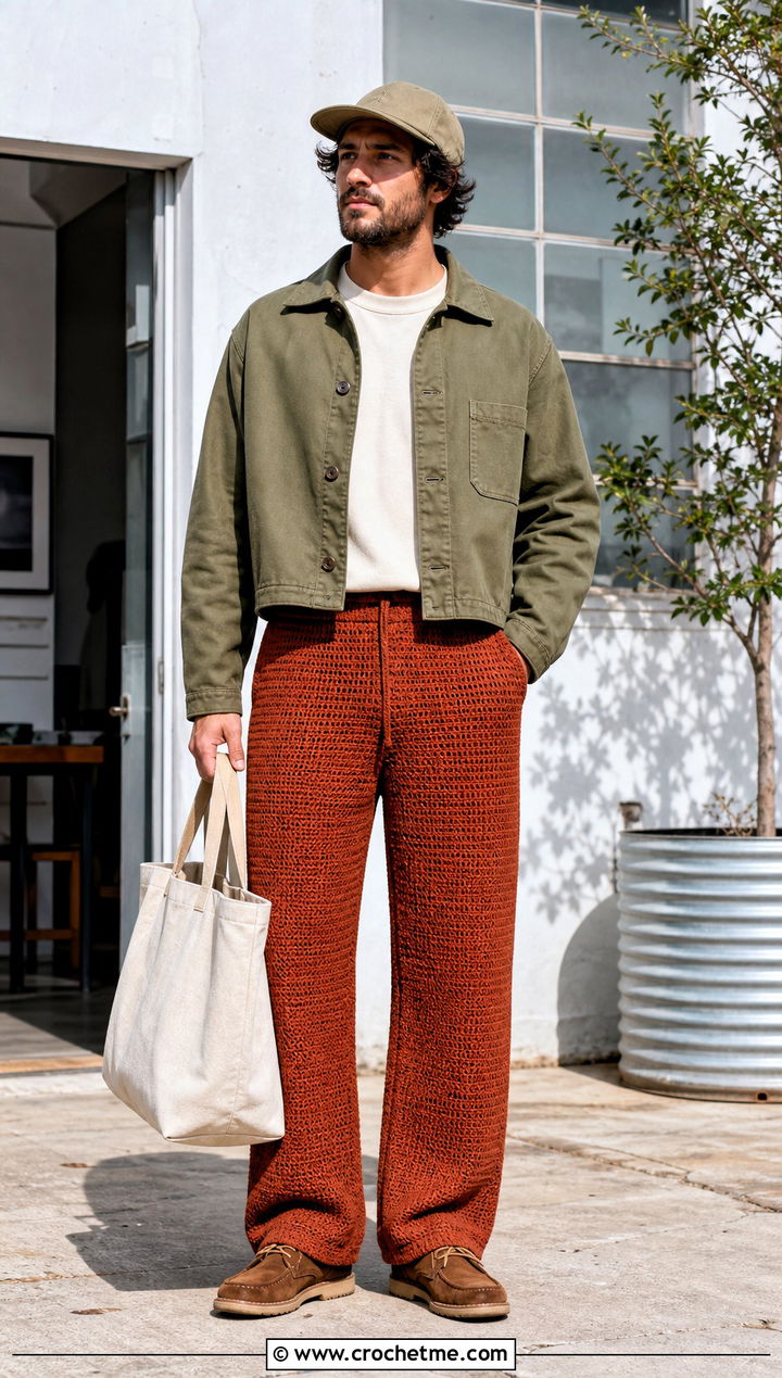 Relaxed Crochet Pants With Workwear Chore Coat - 35 crochet pants men outfit ideas